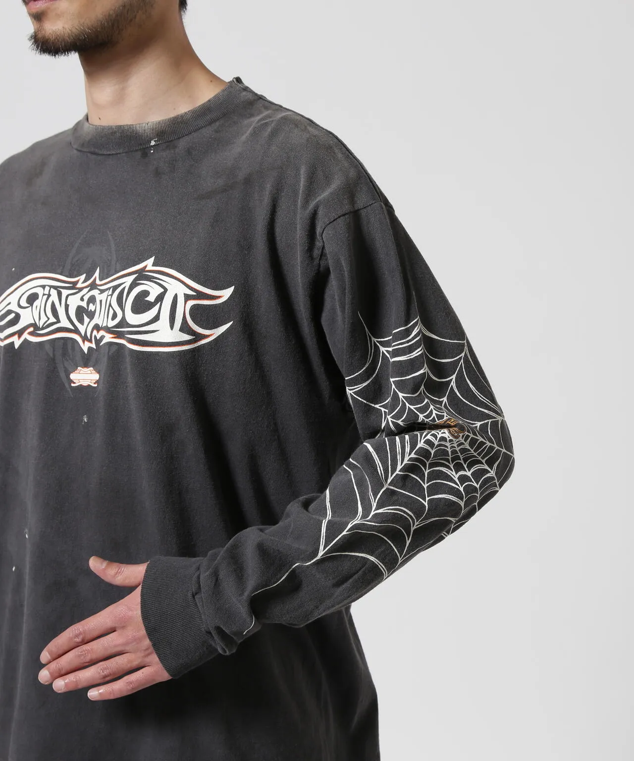 SAINT Mxxxxxx × TEFLON DISCO ML_LS TEE/INSANITY/BLK Spider Web INSANITY Distressed Long Sleeves Washed Black S-XL Ready-to-wear Assute dyeing Maliu water spray fading treatment Customized TEFLON DISCO co-branded accessories Hand-splashed ink Wormhole fraying treatment Authentic level printing process
